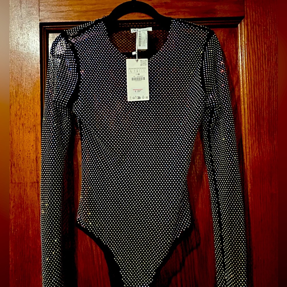 Women's Black Long-Sleeve Rhinestone Bodysuit